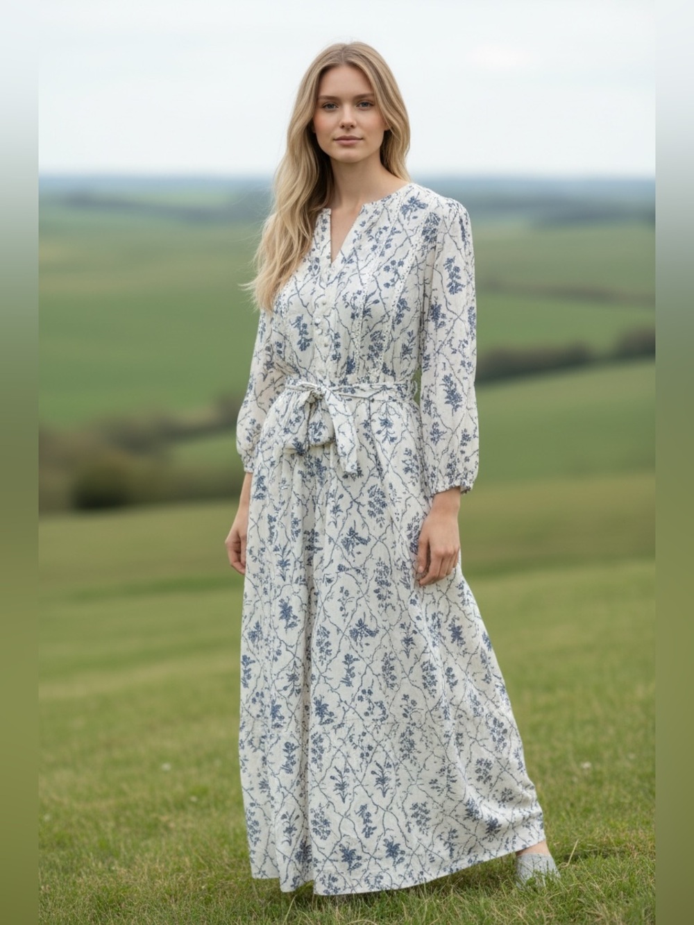 Cream Maxi Dress with Blue Floral Print and Tie Waist